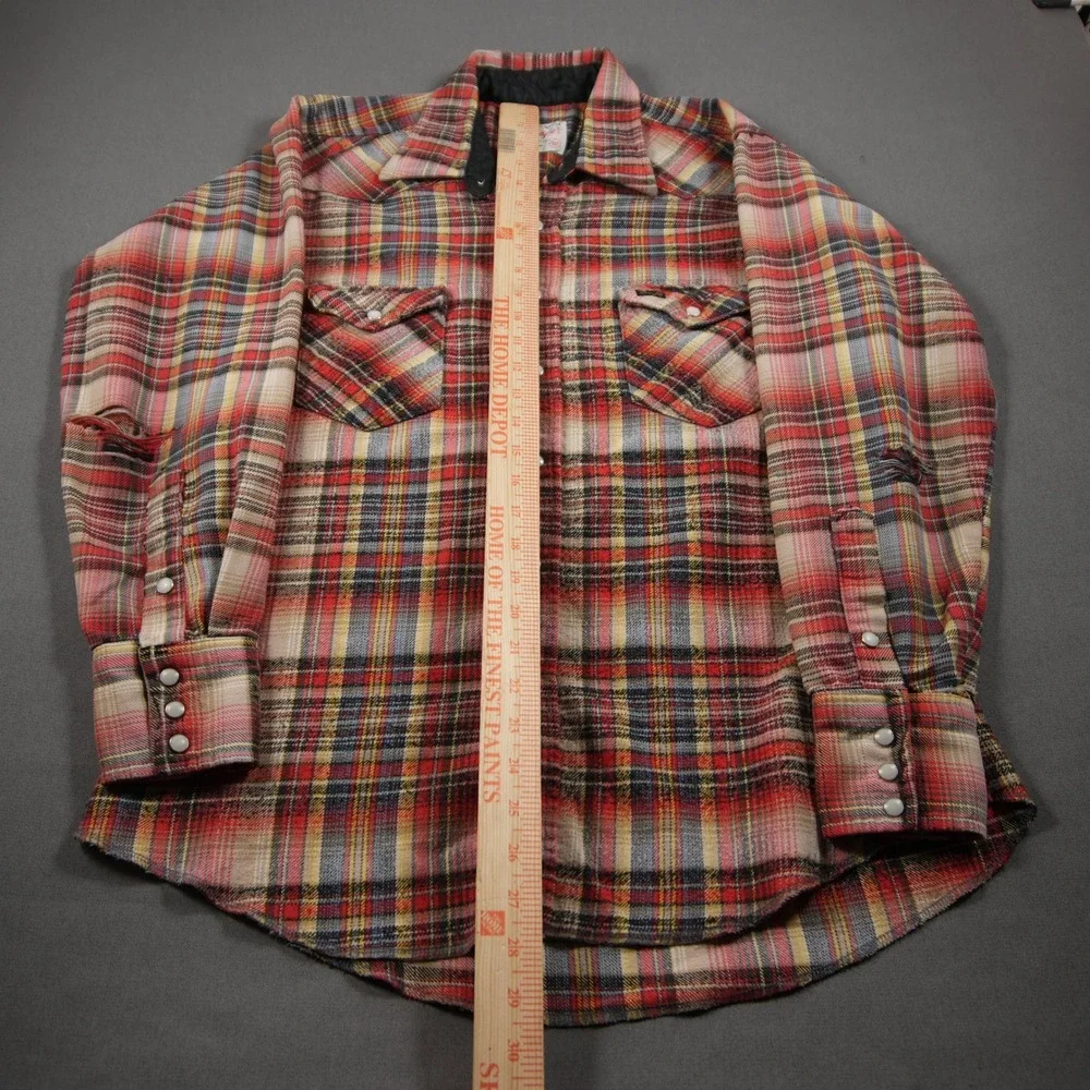 Thrashed 60s VTG Wrangler Distressed Flannel Plaid Pearl Men M Shirt Skate Surf